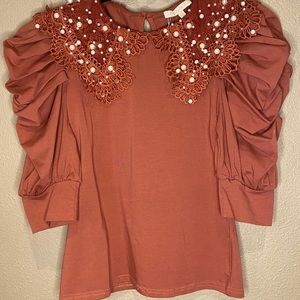 Pastel Puff sleeve Top with pearl appliqués on collar
